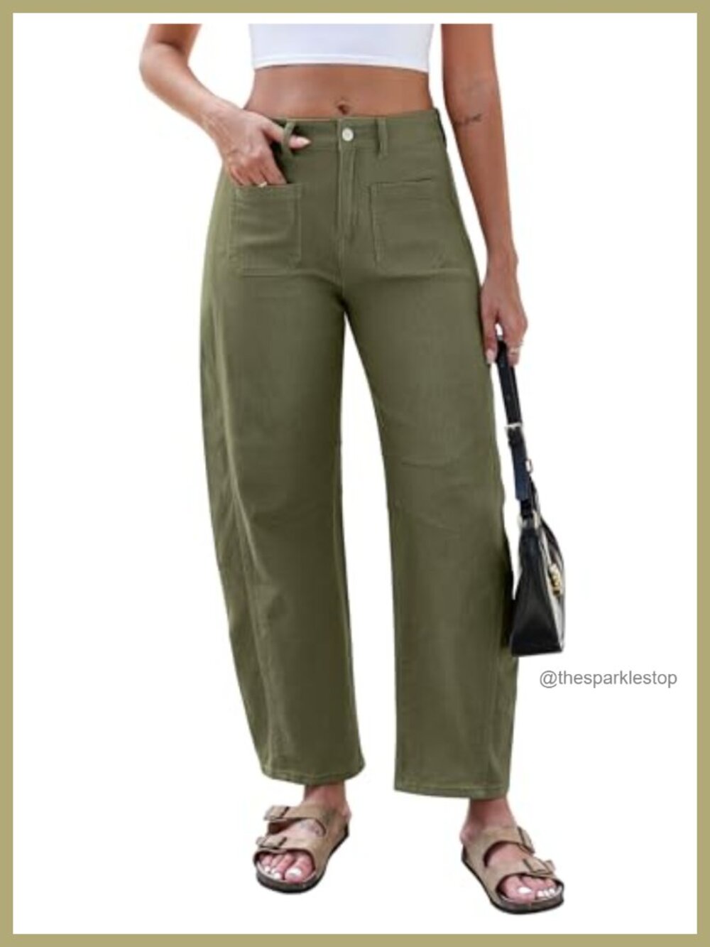 High Waist Wide Leg Barrel Pants Stretchy Cotton Ankle Trousers with Pockets